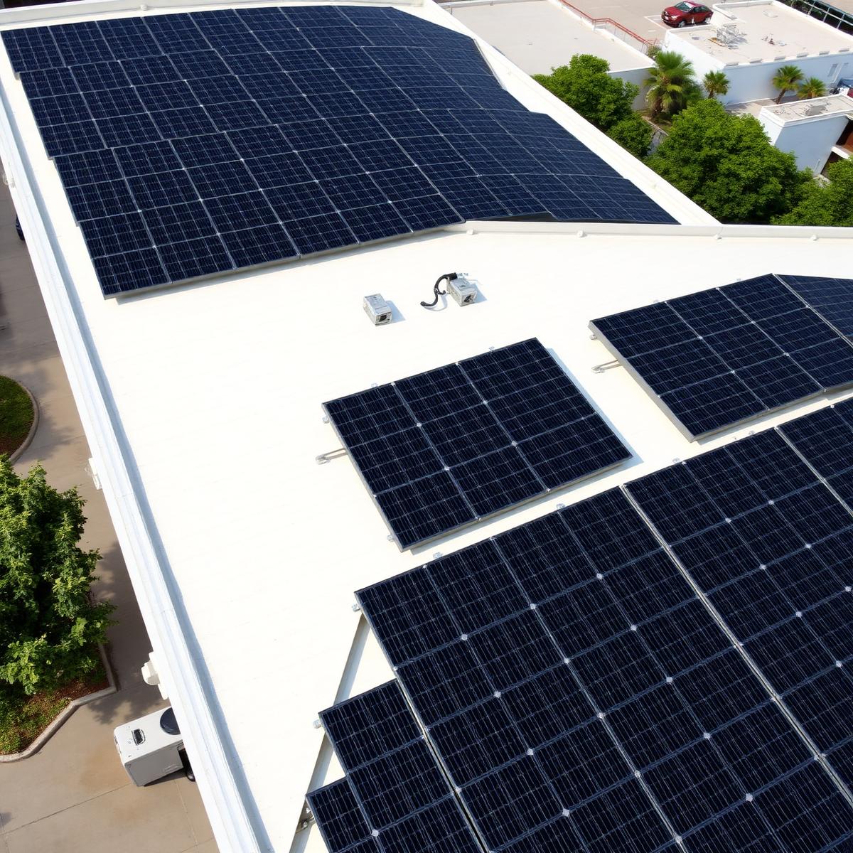 High-efficiency monocrystalline solar array on a modern flat-roof commercial building
